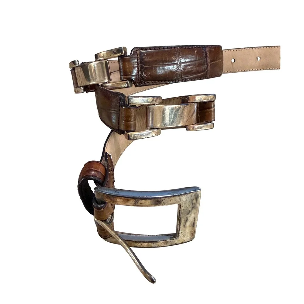 Fossil Vintage Croco‎ Embossed Leather Belt Womens Size S Brown Gold Y2K Cowhide
